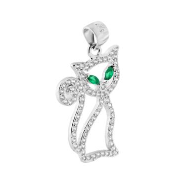 Ciondolo Gatto con Occhi Verde Smeraldo e Cubic Zirconia Bianchi in ARGENTO 925 Galvanica Rodio