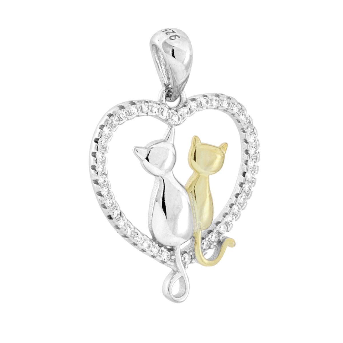 Ciondolo Gatti Cuore con Cubic Zirconia Bianchi in ARGENTO 925 Galvanica Rodio e Oro