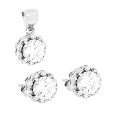 Parure Set Orecchini e Ciondolo Tondo Bianco contornato da Cubic Zirconia Bianchi in ARGENTO 925 Galvanica Rodio