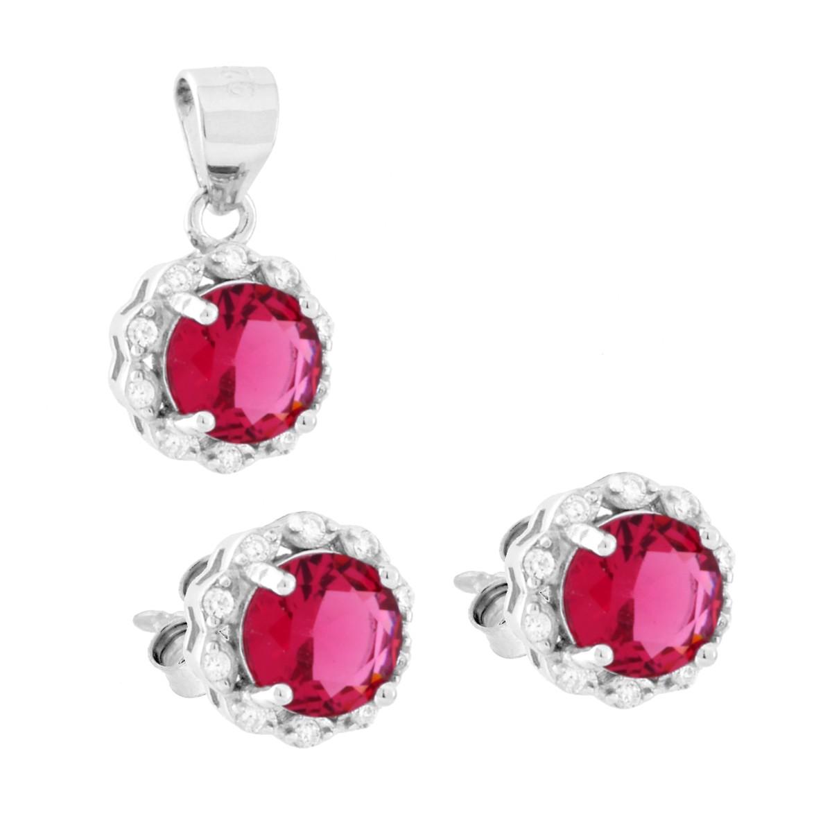 Parure Set Orecchini e Ciondolo Tondo Rosso Rubino contornato da Cubic Zirconia Bianchi in ARGENTO 925 Galvanica Rodio