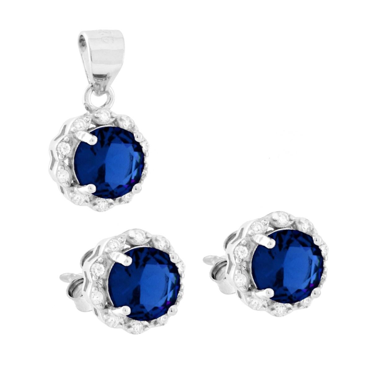 Parure Set Orecchini e Ciondolo Tondo Blu Zaffiro contornato da Cubic Zirconia Bianchi in ARGENTO 925 Galvanica Rodio