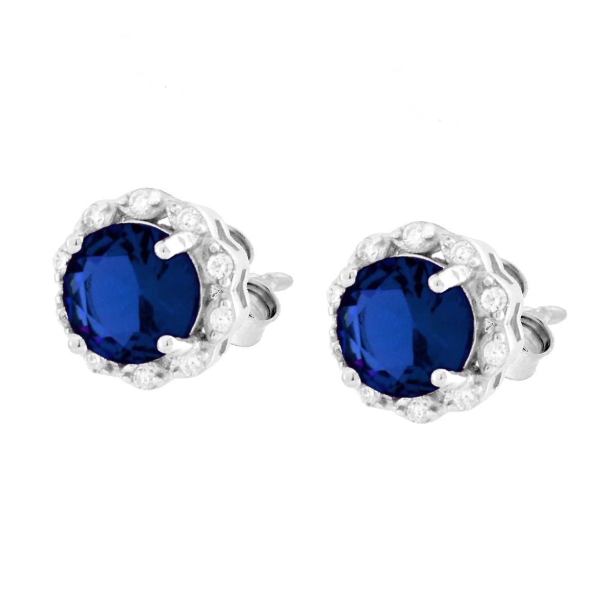 Parure Set Orecchini e Ciondolo Tondo Blu Zaffiro contornato da Cubic Zirconia Bianchi in ARGENTO 925 Galvanica Rodio