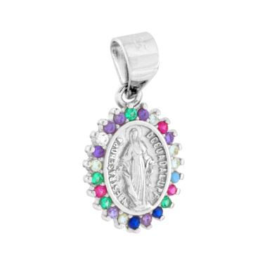 Ciondolo Medaglia Ovale 12 mm con Madonna Miracolosa e Cubic Zirconia Multicolor in ARGENTO 925 Galvanica Rodio