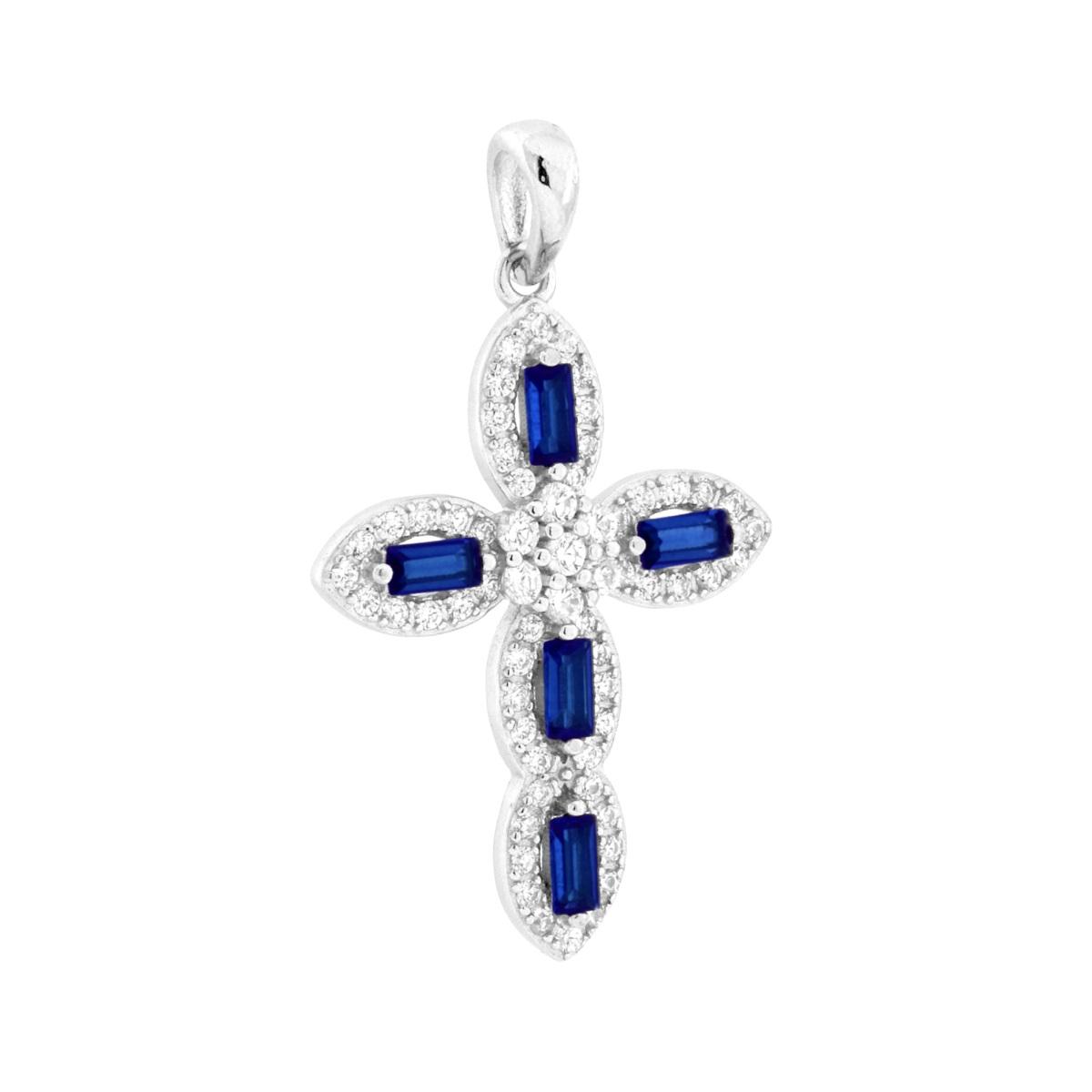 Ciondolo Croce con Cubic Zirconia Blu Zaffiro e Bianchi in ARGENTO 925 Galvanica Rodio