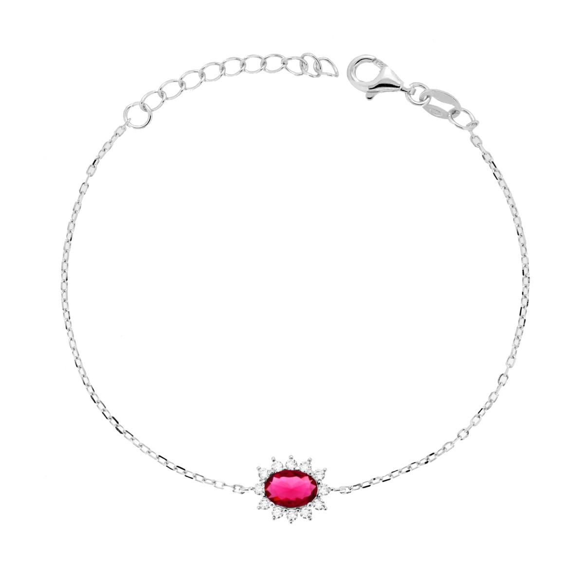 Bracciale Catena Forzatina Diamantata con Ovale Rosso Rubino contornato da Cubic Zirconia Bianchi in ARGENTO 925 Galvanica Rodio