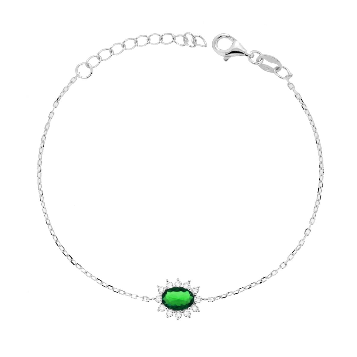 Bracciale Catena Forzatina Diamantata con Ovale Verde Smeraldo contornato da Cubic Zirconia Bianchi in ARGENTO 925 Galvanica Rodio