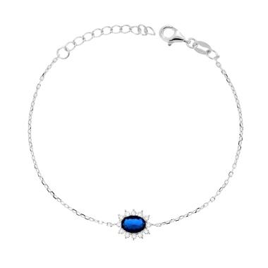 Bracciale Catena Forzatina Diamantata con Ovale Blu Zaffiro contornato da Cubic Zirconia Bianchi in ARGENTO 925 Galvanica Rodio