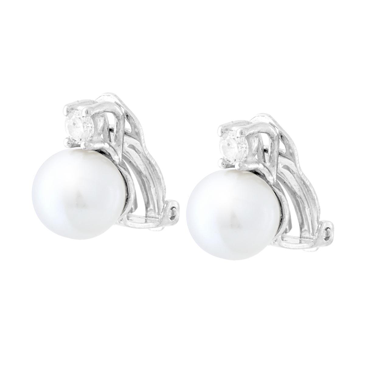 Orecchini Clip con Perla mm 8 e Punto Luce Cubic Zirconia Bianco in ARGENTO 925 Galvanica Rodio