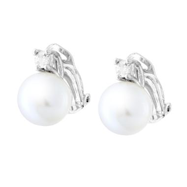 Orecchini Clip con Perla mm 10 e Punto Luce Cubic Zirconia Bianco in ARGENTO 925 Galvanica Rodio