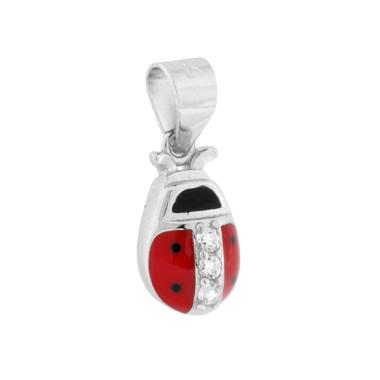 Ciondolo Coccinella con Smalto Rosso e Cubic Zirconia Bianchi in ARGENTO 925 Galvanica Rodio