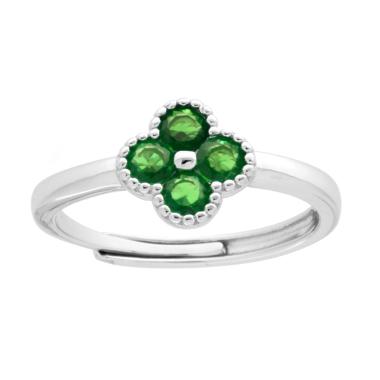 Anello Fiore con Cubic Zirconia Verde Smeraldo in ARGENTO 925 Galvanica Rodio