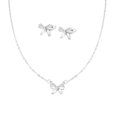 Parure Set Orecchini e Collana Fiocco con Cubic Zirconia Bianchi in ARGENTO 925 Galvanica Rodio