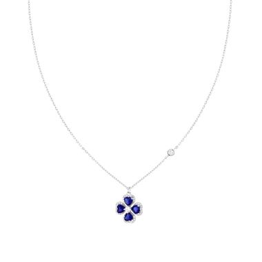 Collana Catena Forzatina Diamantata con Punto Luce Bianco e Quadrifoglio con Cuori Blu Zaffiro contornati da Cubic Zirconia Bianchi in ARGENTO 925 Galvanica Rodio