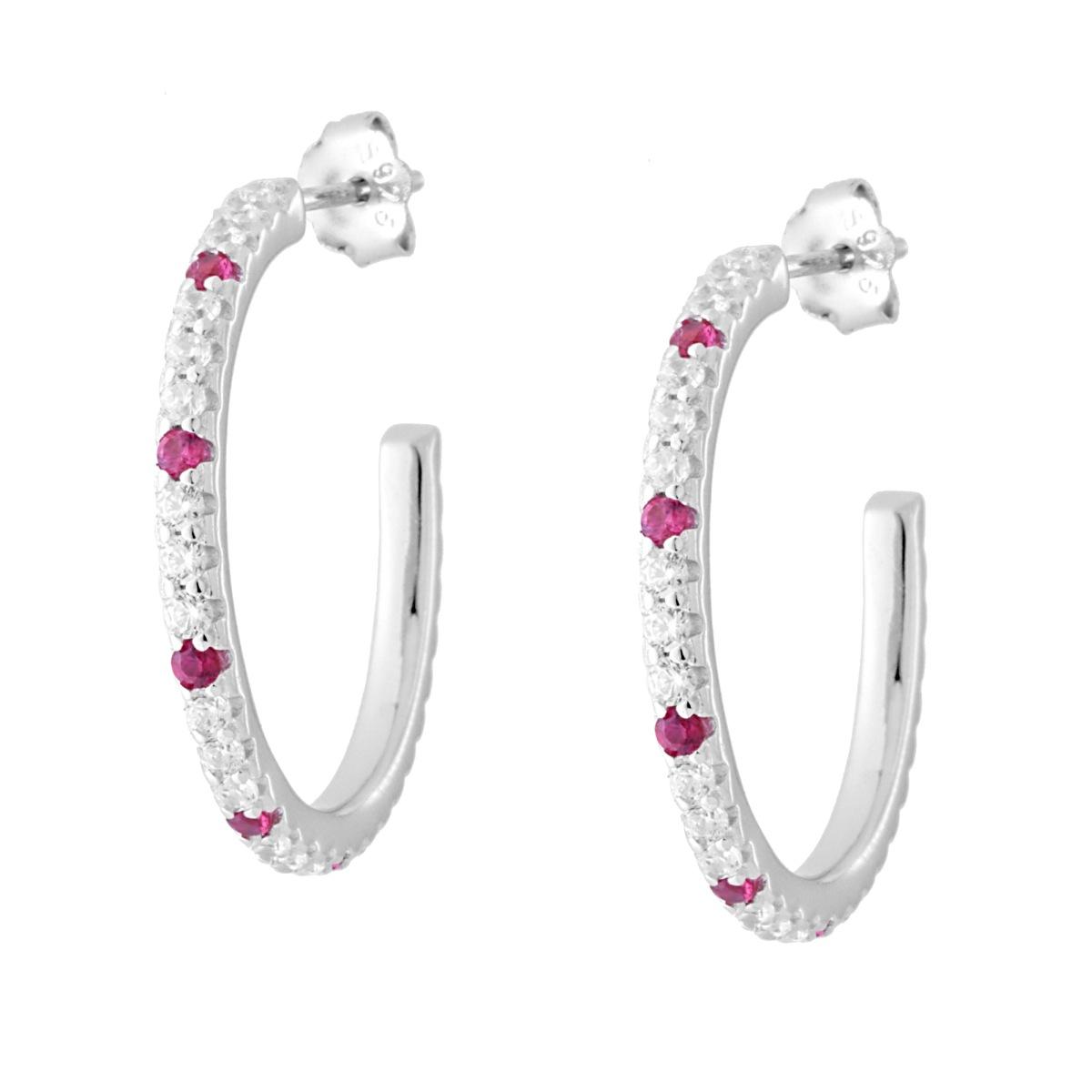 Orecchini Cerchio Cubic Zirconia Rosso Rubino e Bianchi in ARGENTO 925 Galvanica Rodio