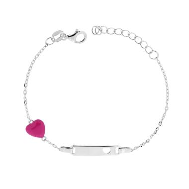 Bracciale Bimbo Bimba Targa Rettangolare con Cuore traforato Catena Forzatina Diamantata e Cuore Bombato con Smalto Fucsia in ARGENTO 925 Galvanica Rodio