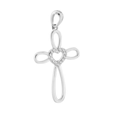 Ciondolo Croce Cuore Cubic Zirconia Bianchi in ARGENTO 925 Galvanica Rodio