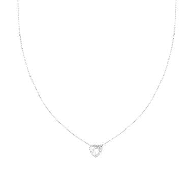 Collana Catena Forzatina Diamantata con Cuore Bianco contornato da Cubic Zirconia Bianchi in ARGENTO 925 Galvanica Rodio