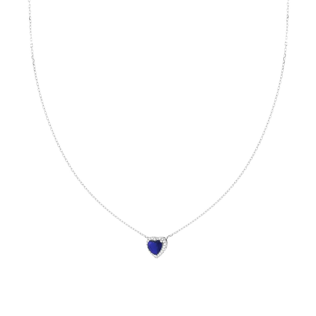 Collana Catena Forzatina Diamantata con Cuore Blu Zaffiro contornato da Cubic Zirconia Bianchi in ARGENTO 925 Galvanica Rodio