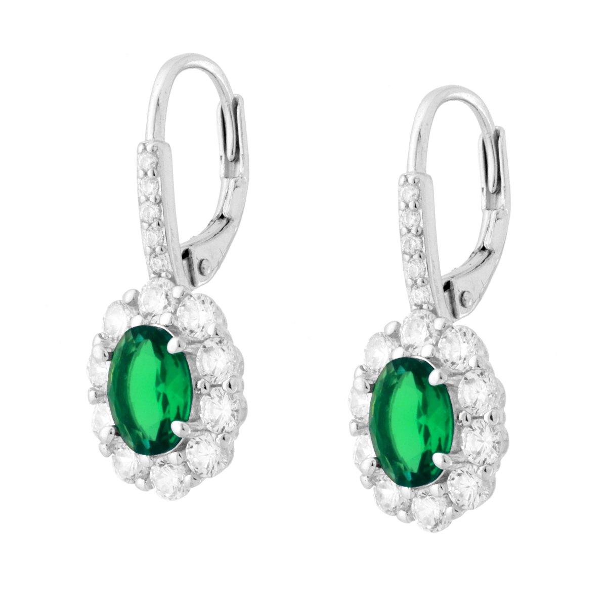 Orecchini Monachella con Ovale Verde Smeraldo contornato da Cubic Zirconia Bianchi in ARGENTO 925 Galvanica Rodio