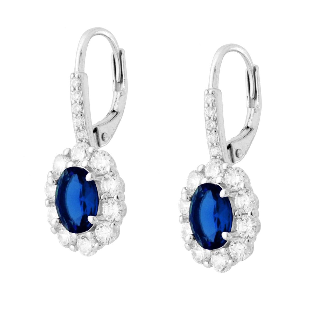 Orecchini Monachella con Ovale Blu Zaffiro contornato da Cubic Zirconia Bianchi in ARGENTO 925 Galvanica Rodio