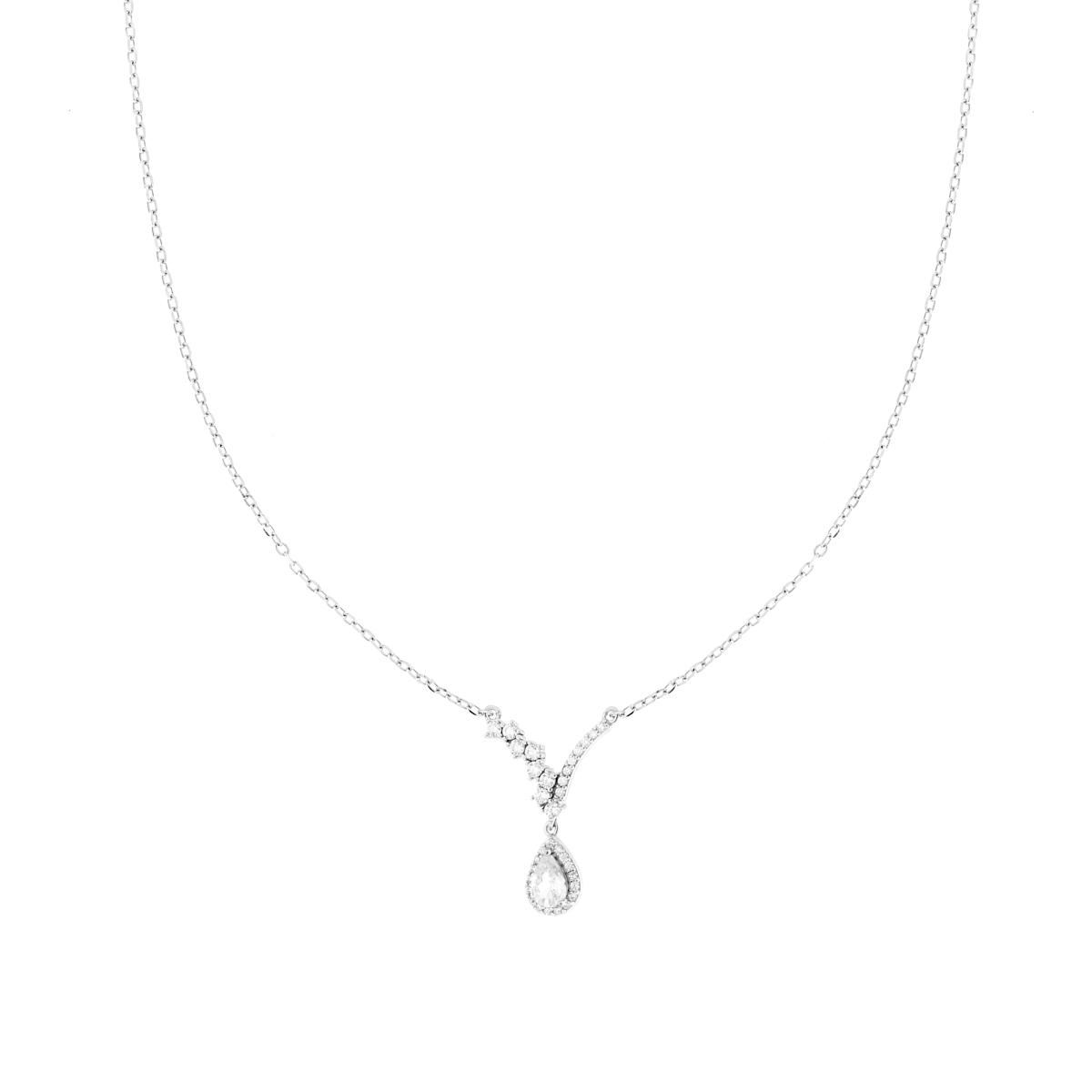 Collana Catena Forzatina Diamantata con Diadema Bianco e Goccia contornata da Cubic Zirconia Bianchi in ARGENTO 925 Galvanica Rodio