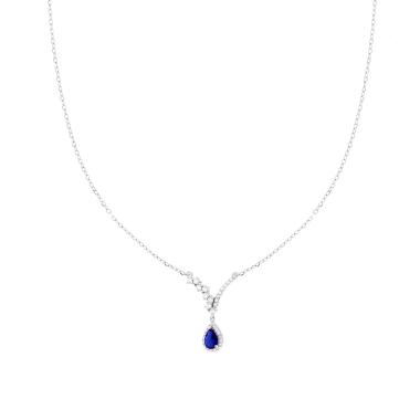 Collana Catena Forzatina Diamantata con Diadema Bianco e Goccia Blu Zaffiro contornata da Cubic Zirconia Bianchi in ARGENTO 925 Galvanica Rodio