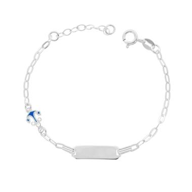 Bracciale Targa Bimbo Bimba Catena Forzatina Diamantata e Ancora con smalto Azzurro in ARGENTO 925