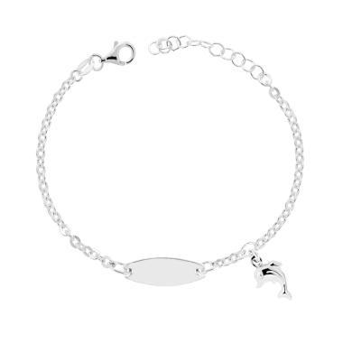 Bracciale Bimbo Bimba Targa Ovale con Catena Forzatina Tonda Diamantata e Delfino Bombato in ARGENTO 925