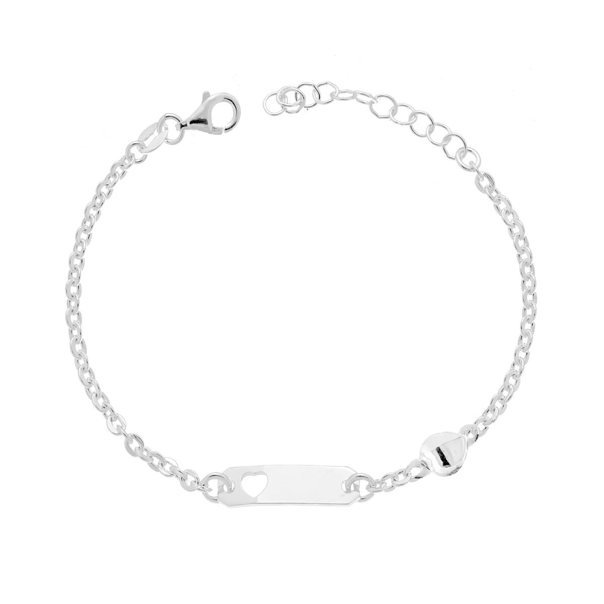 Bracciale Bimbo Bimba Targa Rettangolare con Cuore Traforato Catena Forzatina Tonda Diamantata e Cuore Bombato in ARGENTO 925