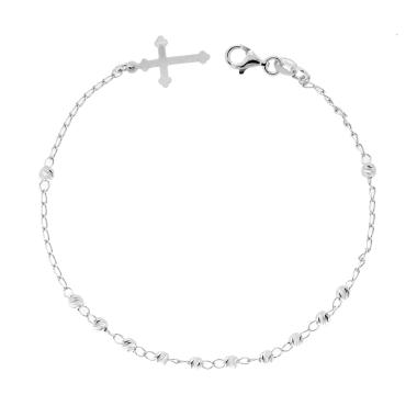 Bracciale Rosario cm 20 con Palline Diamantate Slash mm 3 e Croce pendente in ARGENTO 925 Galvanica Rodio