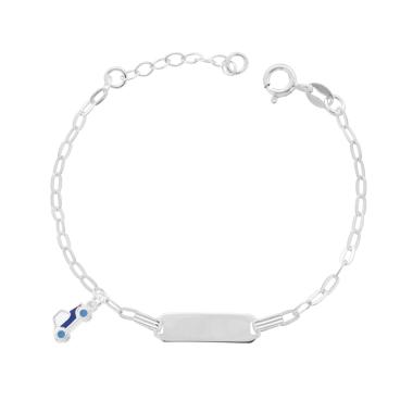 Bracciale Targa Bimbo Bimba Catena Forzatina Diamantata e Macchinina con smalto Azzurro in ARGENTO 925