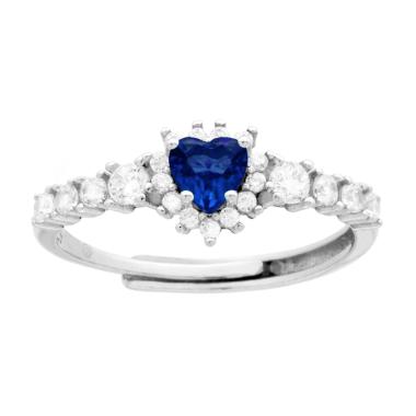 Anello Solitario Cuore Blu Zaffiro contornato da Cubic Zirconia Bianchi in ARGENTO 925 Galvanica Rodio