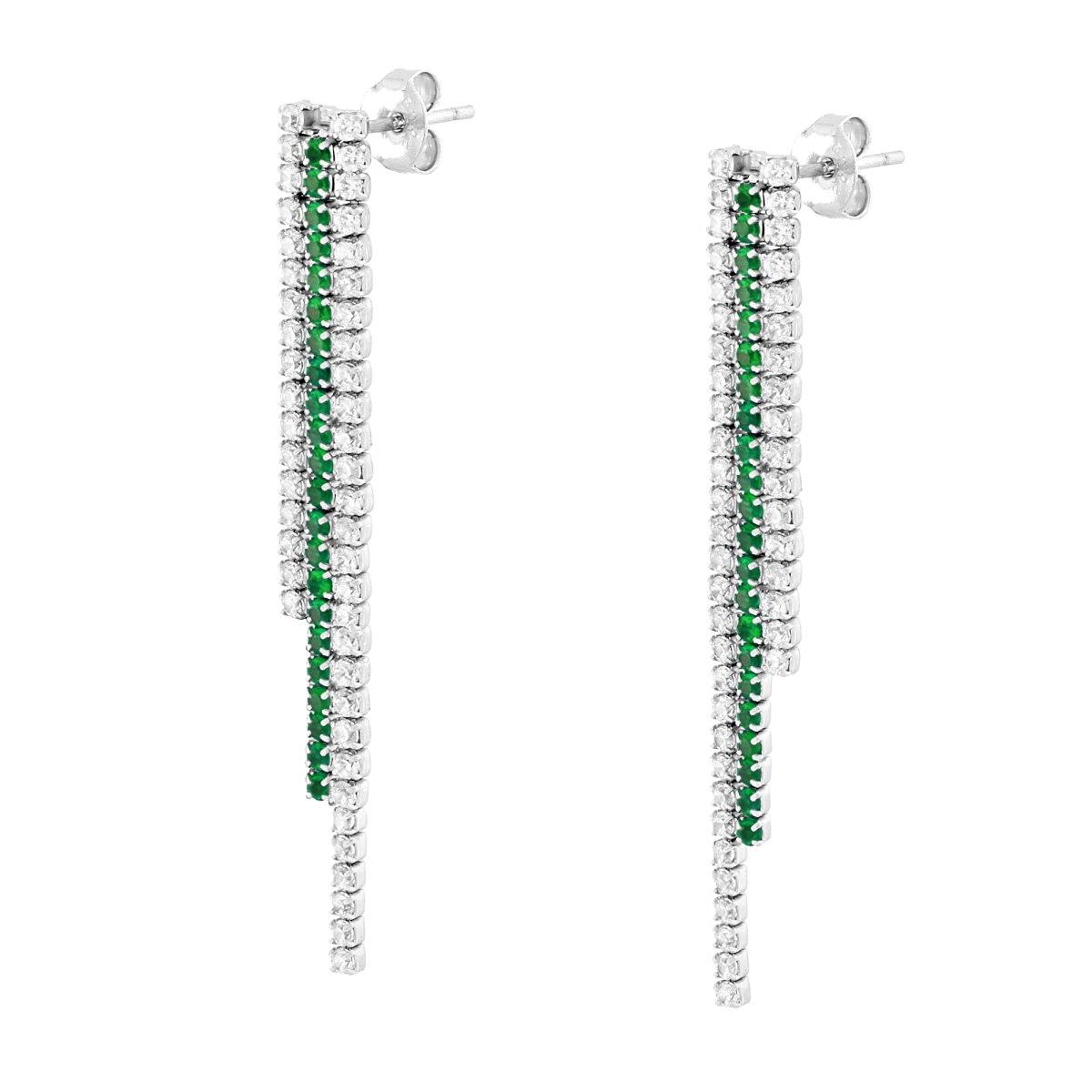 Orecchini tre fili Tennis Cubic Zirconia Verde Smeraldo e Bianchi in ARGENTO 925 Galvanica Rodio