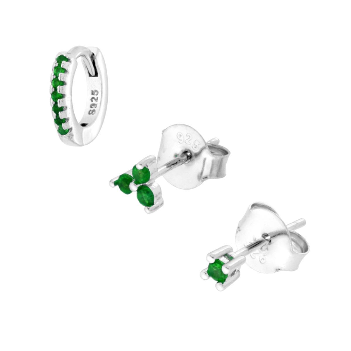 Set Orecchini Combo Cerchio Trifoglio e Punto Luce Cubic Zirconia Bianchi e Verde Smeraldo in ARGENTO 925 Galvanica Rodio