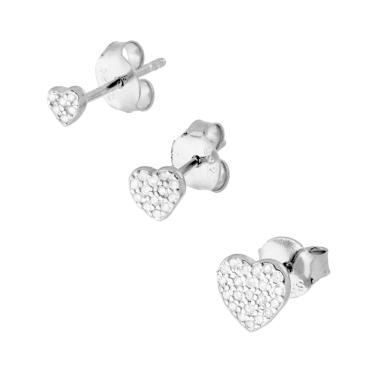 Set Orecchini Combo Cuori con Cubic Zirconia Bianchi in ARGENTO 925 Galvanica Rodio