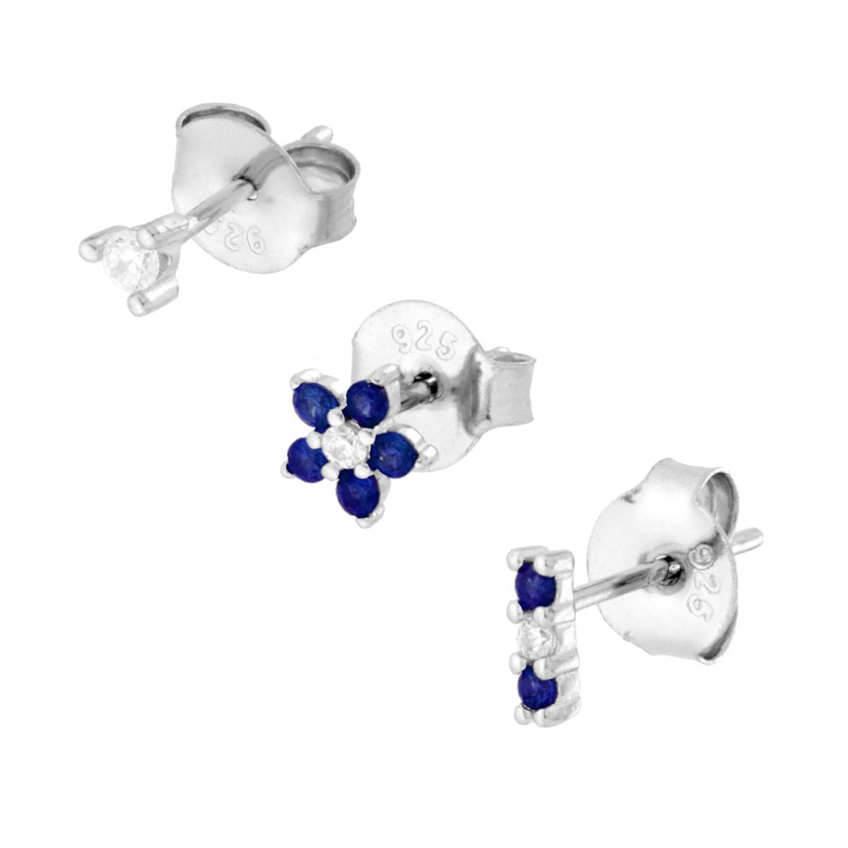 Set Orecchini Combo Fiore Trilogy e Punto Luce Cubic Zirconia Bianchi e Blu Zaffiro in ARGENTO 925 Galvanica Rodio