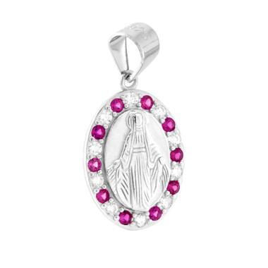 Ciondolo Madonna Miracolosa con Cubic Zirconia alternati Rosso Rubino e Bianchi in ARGENTO 925 Galvanica Rodio