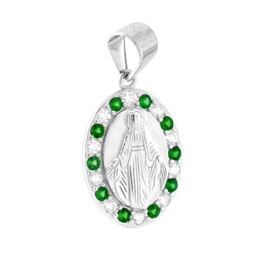 Ciondolo Madonna Miracolosa con Cubic Zirconia alternati Verde Smeraldo e Bianchi in ARGENTO 925 Galvanica Rodio