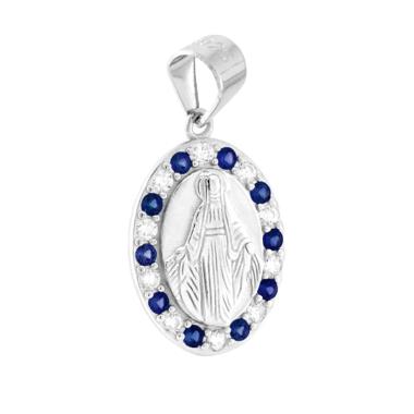 Ciondolo Madonna Miracolosa con Cubic Zirconia alternati Blu Zaffiro e Bianchi in ARGENTO 925 Galvanica Rodio