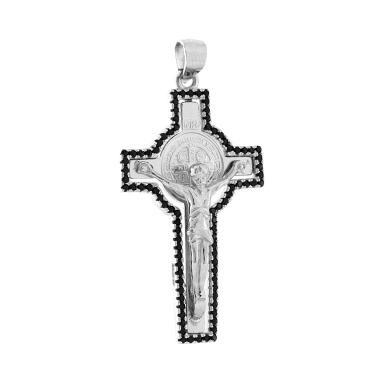 Ciondolo Croce con Gesu Cristo e Cubic Zirconia Neri in ARGENTO 925 Galvanica Rodio