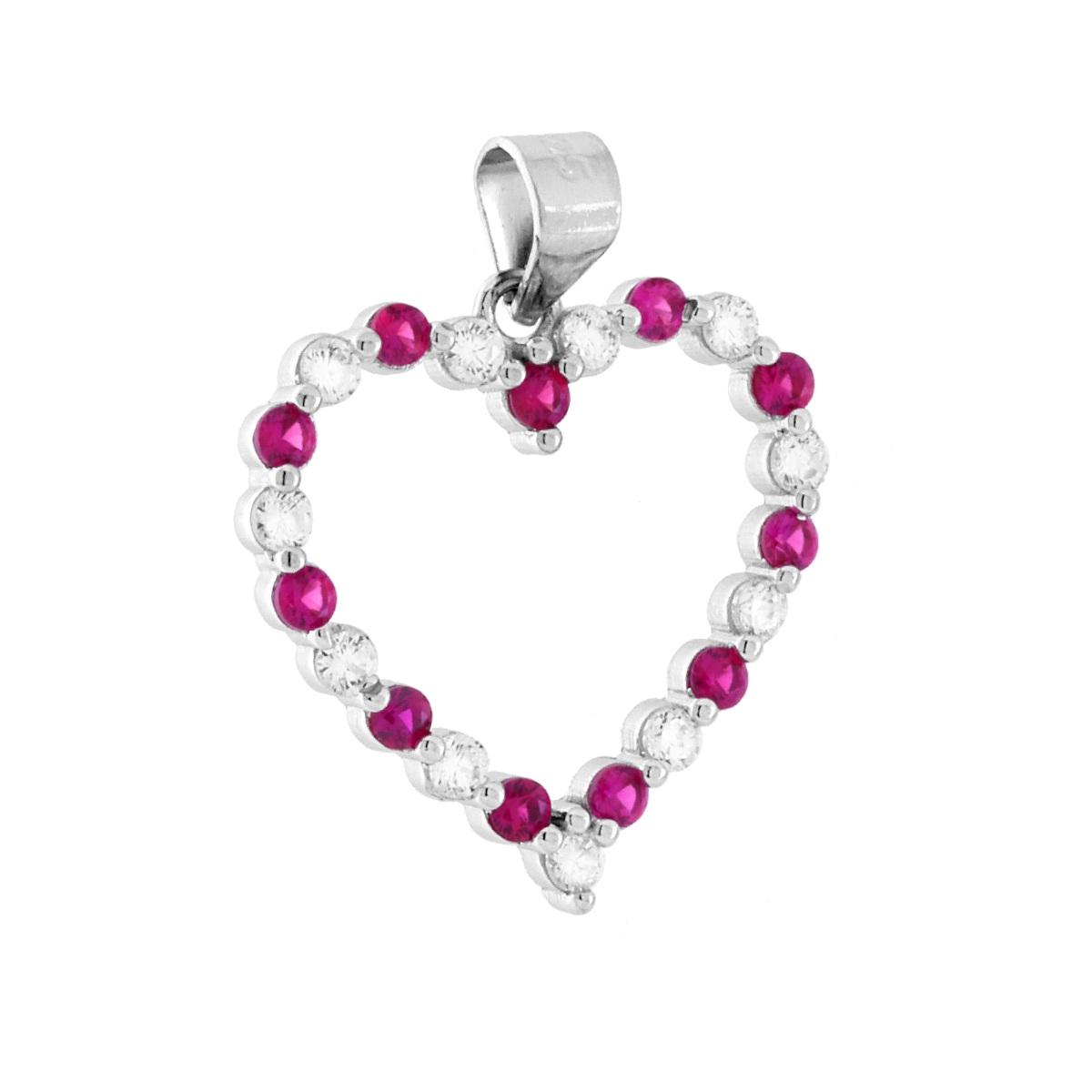 Ciondolo Cuore con Cubic Zirconia alternati Rosso Rubino e Bianchi in ARGENTO 925 Galvanica Rodio