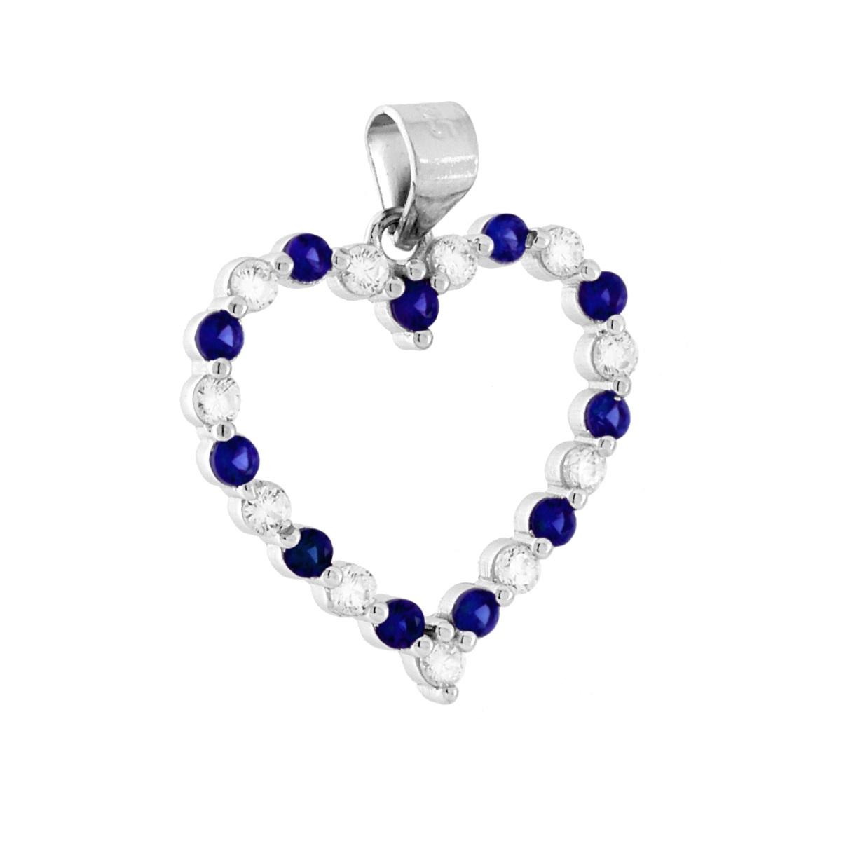 Ciondolo Cuore con Cubic Zirconia alternati Blu Zaffiro e Bianchi in ARGENTO 925 Galvanica Rodio