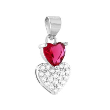 Ciondolo Cuori con Cubic Zirconia Rosso Rubino e Bianchi in ARGENTO 925 Galvanica Rodio