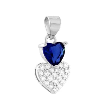 Ciondolo Cuori con Cubic Zirconia Blu Zaffiro e Bianchi in ARGENTO 925 Galvanica Rodio