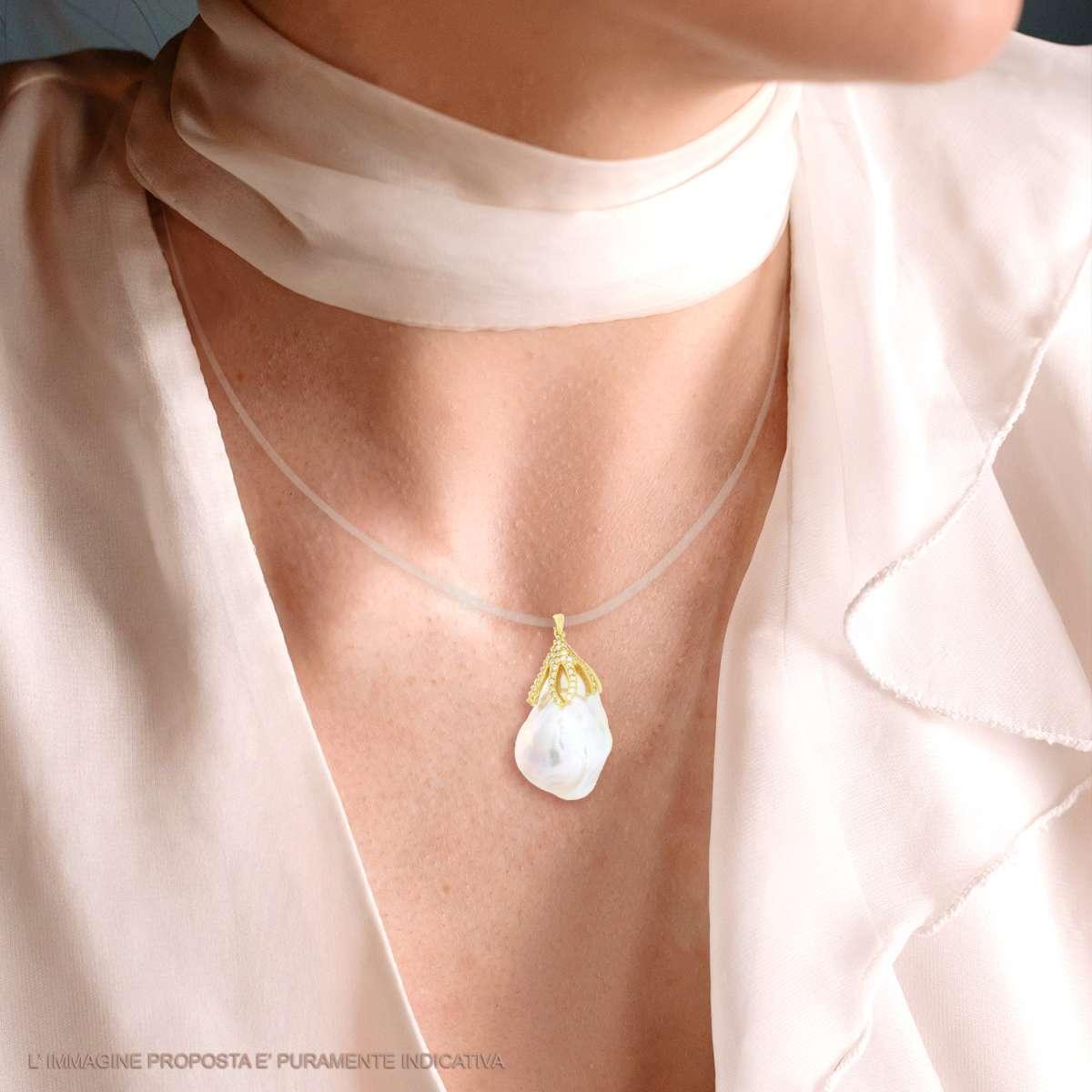 Ciondolo con Foglia su Perla Scaramazza e Cubic Zirconia Bianchi in ARGENTO 925 Galvanica Oro