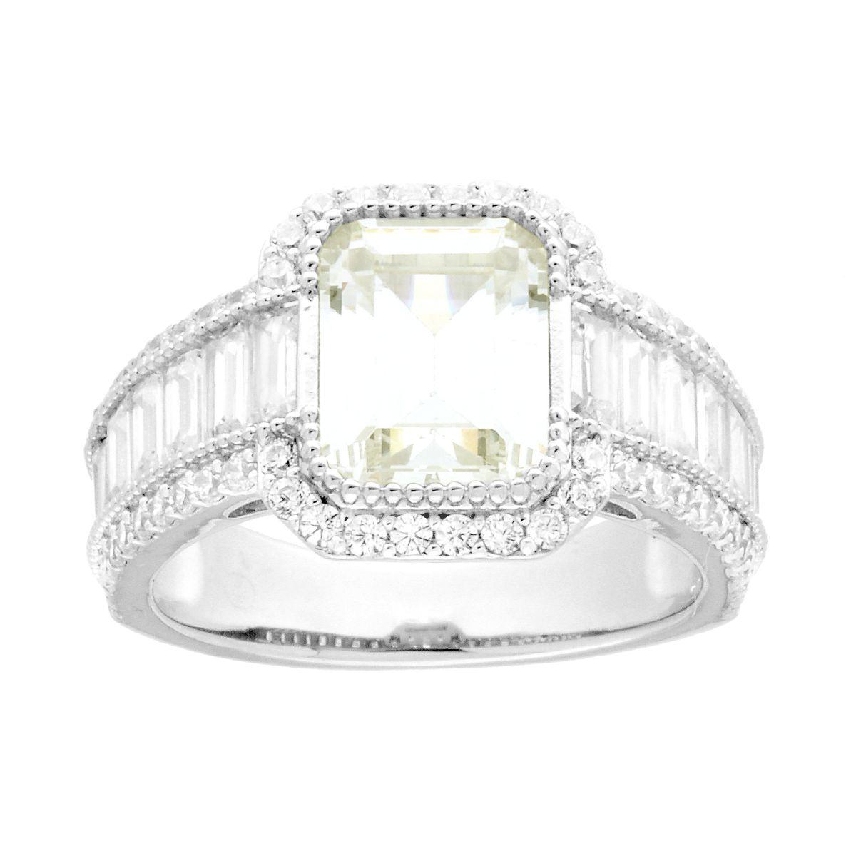 Anello Solitario Quadrato Quarzo Citrino con Cubic Zirconia e Baguette Bianchi in ARGENTO 925 Galvanica Rodio