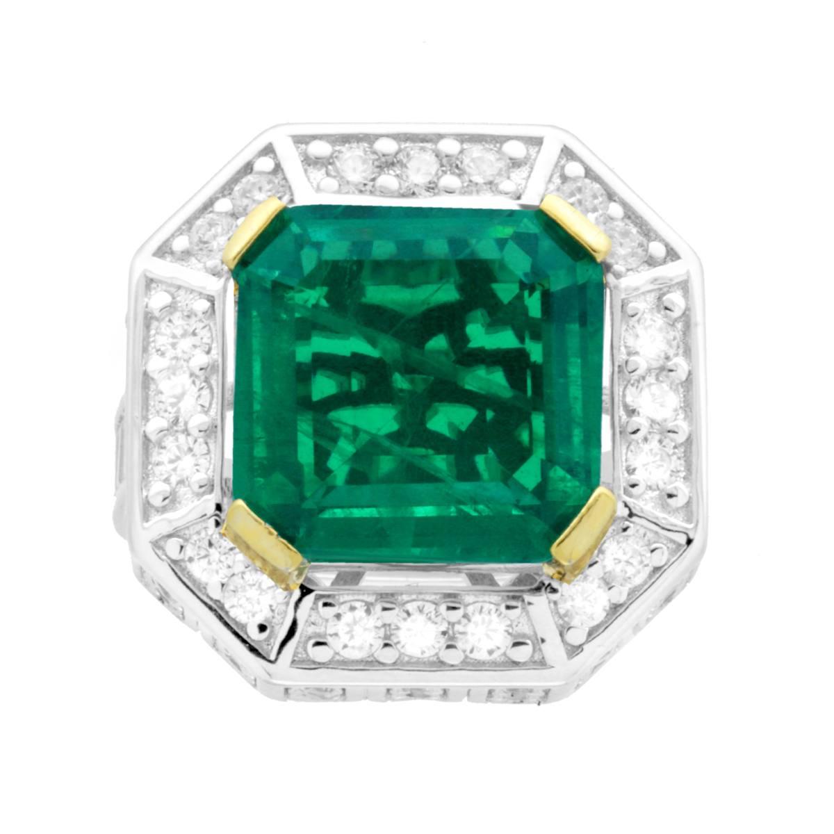 Anello Solitario Ottagonale Verde Smeraldo con Cubic Zirconia Bianchi in ARGENTO 925 Galvanica Rodio e Oro
