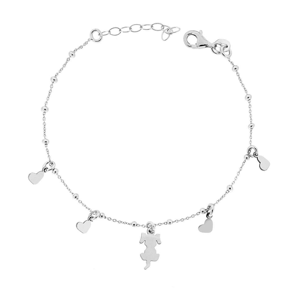 Bracciale Catena Forzatina con Cane e Cuori plain pendenti in ARGENTO 925 Galvanica Rodio