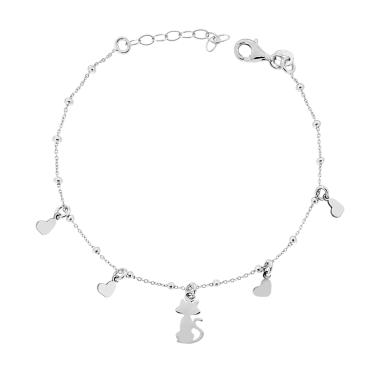 Bracciale Catena Forzatina con Gatto e Cuori plain pendenti in ARGENTO 925 Galvanica Rodio