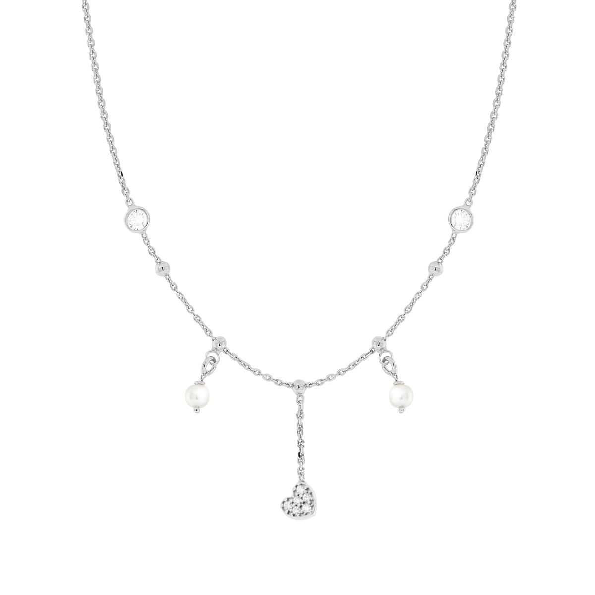 Collana Catena Forzatina Diamantata con Perle Cuore e Cubic Zirconia Bianchi in ARGENTO 925 Galvanica Rodio